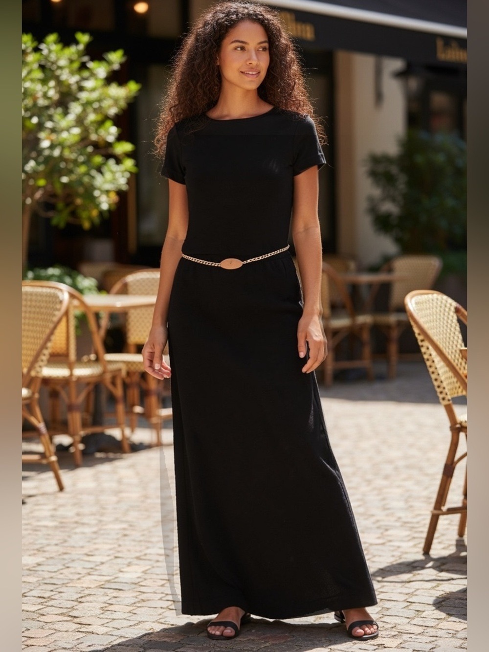 90s RONNIE NICOLE BLACK STRETCH KNIT LONG MIDI DRESS W SLIT & CHAIN DETAIL SZ 10 - Picture 1 of 10